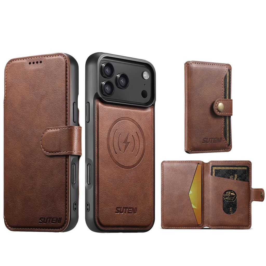 Skórzane etui z klapką iPhone 17PM z przegródką na karty, zapięciem magnetycznym, podstawką do ładowania bezprzewodowego