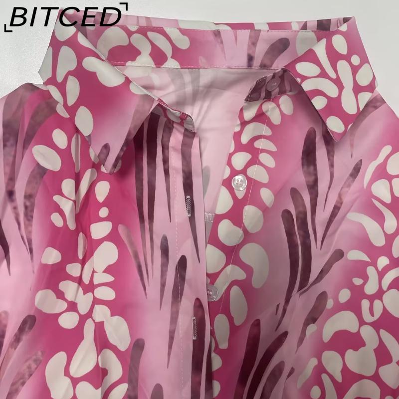 BITCED Damen Sommer Elegant Bedrucktes Hemd mit Kragen und langen Ärmeln und hochtaillierter Rock Mode-Set