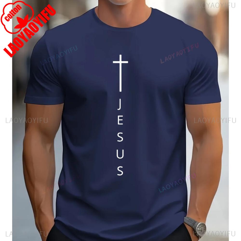 Mens Summer High Quality Cotton Tops Fashionable Casual Loose Large Cross and Jesus Letter Printed Sports Round Neck Tops