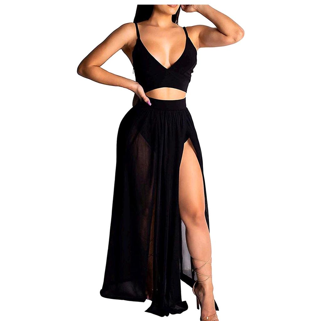 Women Sexy Suit  High Split Print Suspender Two Piece  Camisole Skirt Suit