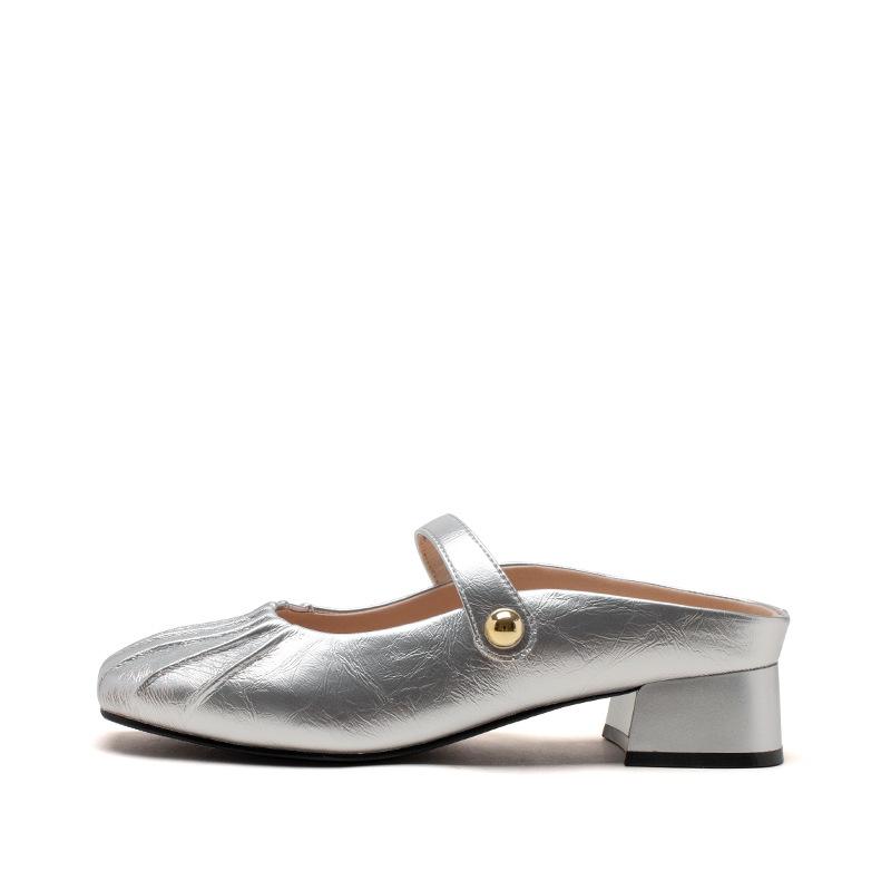 Silver bag head slippers new summer French thick heel half slippers