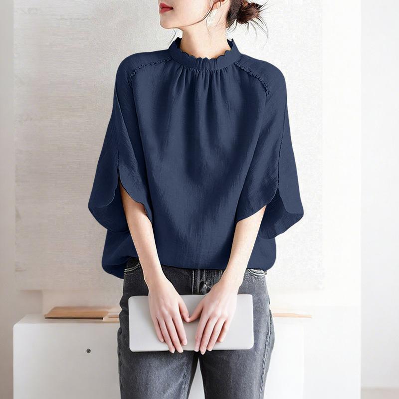 ZANZEA Women Casual Stand Collar Loose 3/4 Sleeve Solid Blouse