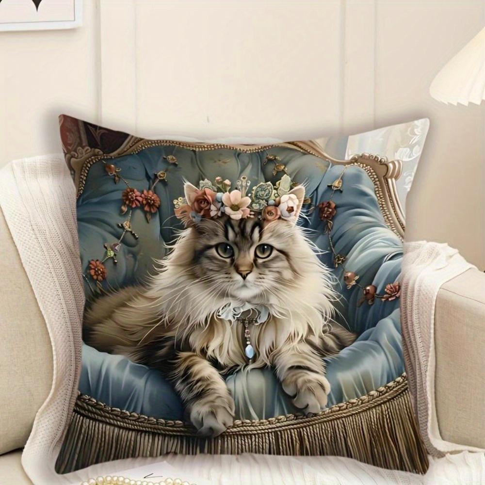 Regal Royal Cat Throw Pillow Cover, Victorian Longhair Cat With Flower Crown On Ornate Chair Decorative Pillow Case