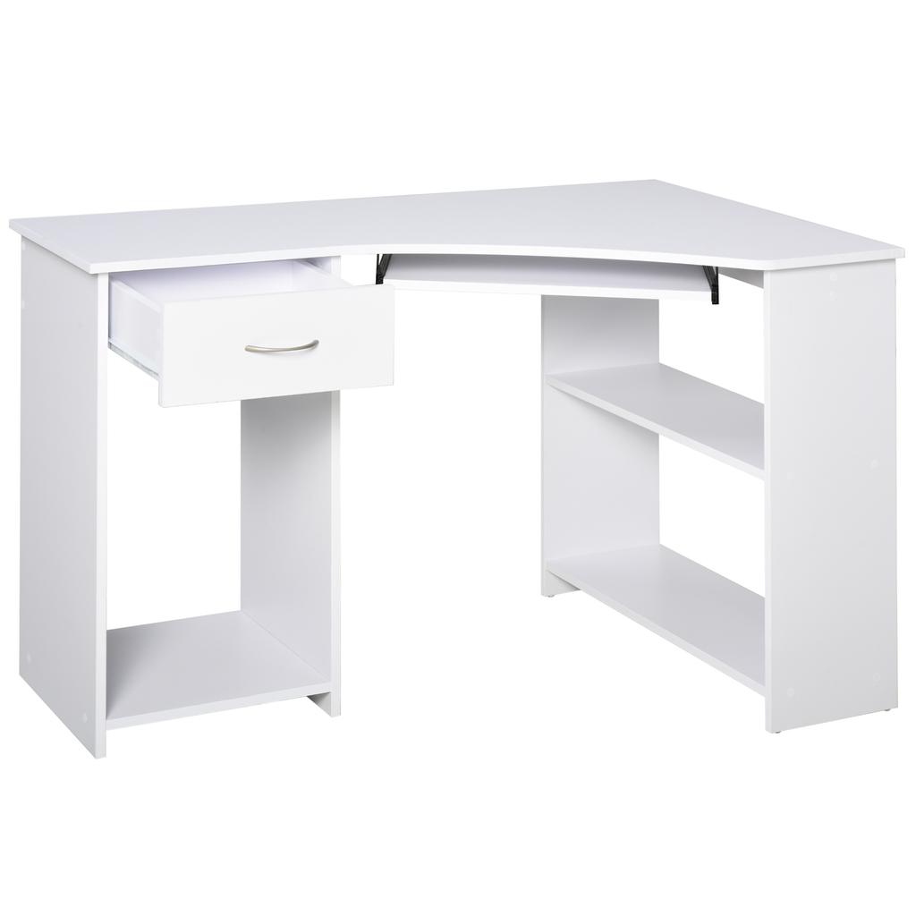 L-Shaped Corner Computer Desk w/ 2 Shelves Wide Worktop Keyboard Tray Drawer & CPU Stand Home Office Study Bedroom Furniture White