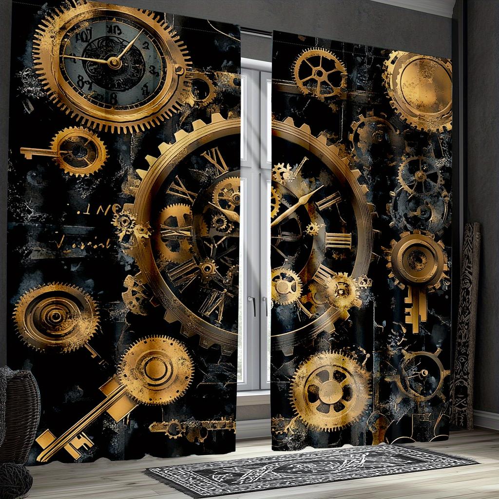 2 szt. Zasłony Artystyczne Steampunkowe Vintage - Industrialne Czarne ze Złotymi Kołami Zębatymi i Wzorem Zegara   Półprzezroczysty Poliester   Pranie w Maszynie
