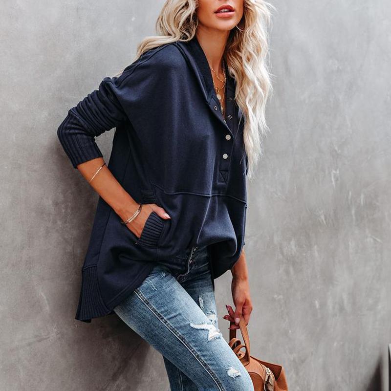 Women's Casual Fashionable V-neck Hooded Threaded Pullover Top Loose Bat-sleeve Sweatshirt