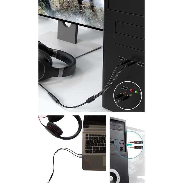 Adaptateur micro casque câble audio stéréo Jack femelle vers 2 mâles 3.5mm Splitter ordinateur-écouteur-haut parleur Phonillico®