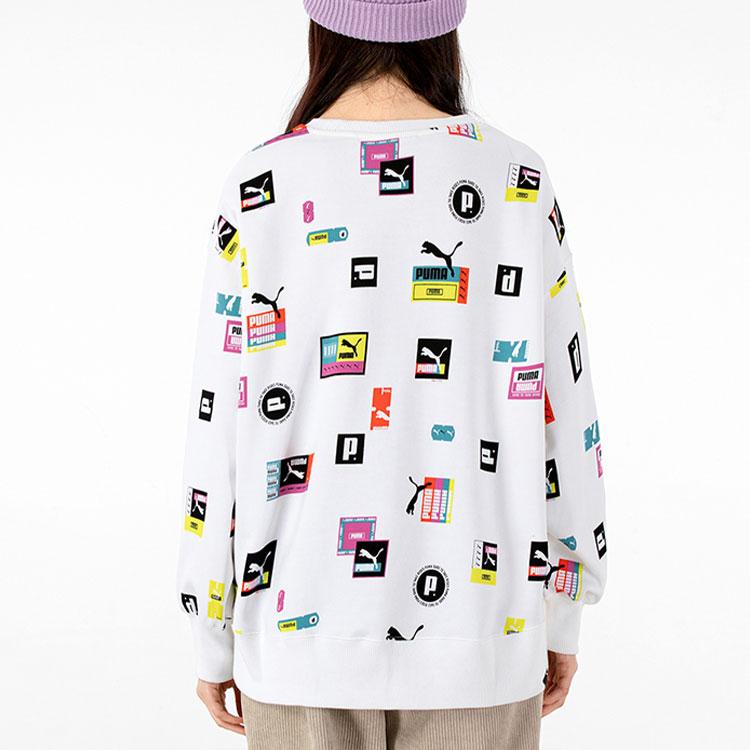 Puma All-Over Logo Print Loose Crew Neck Sweatshirt Women Tops White 535348-02
