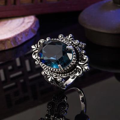 Huajie Sea Blue Cut Zircon Inlay Women's Rings Vintage Silver Flower Carving Elegant Banquet Female Ring  Trend Tide