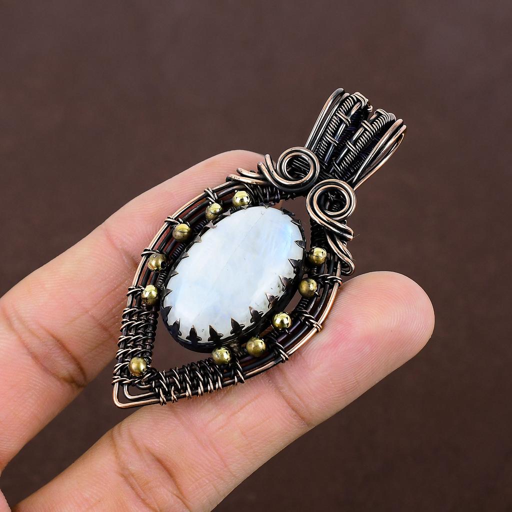 Natural Rainbow Moonstone Gemstone Handmade Copper Wire Wrap Pendant 2.76" I4N16