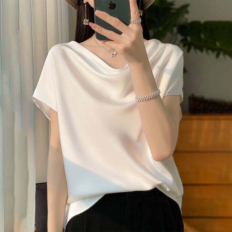 Summer new swinging collar short-sleeved T-shirt women's acetic acid satin drape thin top French temperament simulation silk inside