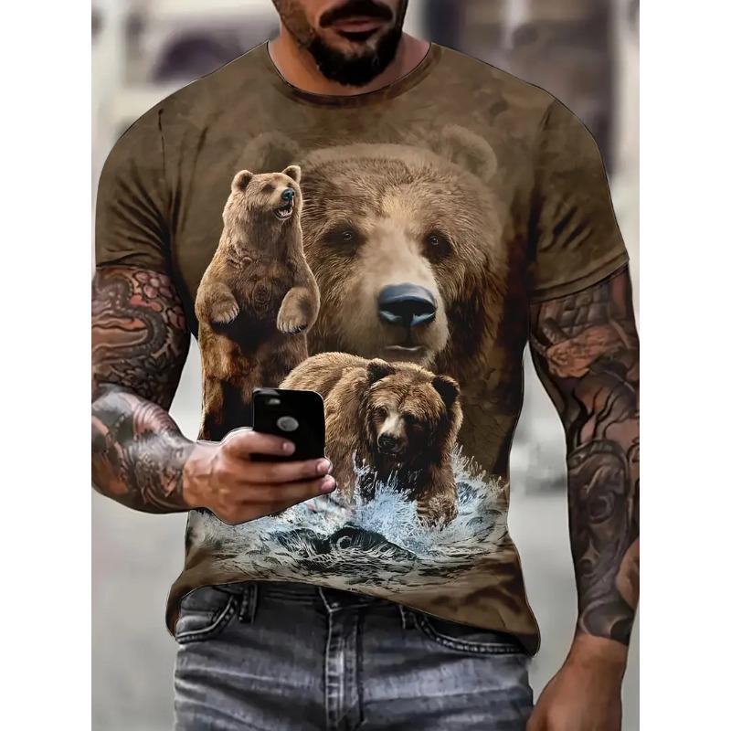 Men's 3D Printed Round Neck Casual T-shirt for Summer Wear Lightweight Breathable Trendy Versatile No Pressure Bear Pattern T-shirt