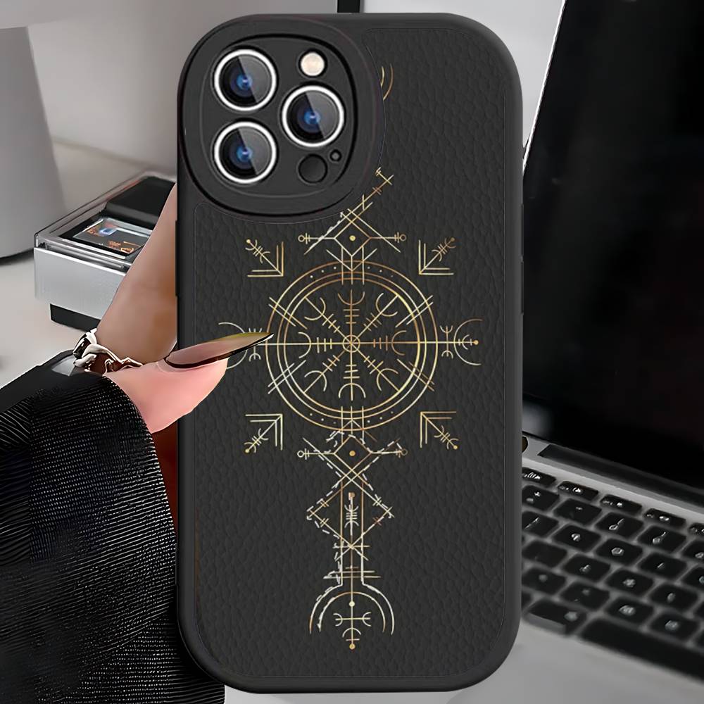 V-Viking Logo V-Vegvisir For IPhone 16 15 14 13 12 11 Pro Max Plus Leather Phone Cover