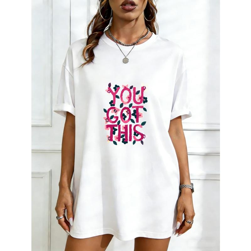 

Oversized T-Shirt Dress Black You Got This Floral Text Print Casual Wear For Women XXXXL білий