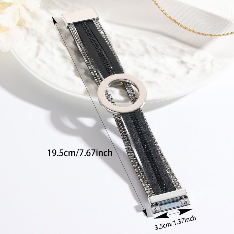 Womens Geometric Alloy Magnetic Clasp PU Leather Bracelet With Large Circle Chain Fashion OL Style