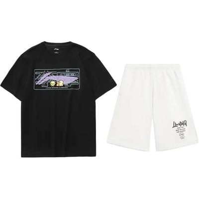 Li-Ning Cartoon Print Fashion Comfortable Versatile Round Neck Pullover Short Sleeve T-Shirt Casual Sports Set Unisex Tops AHSUA23-2+AKST593-7