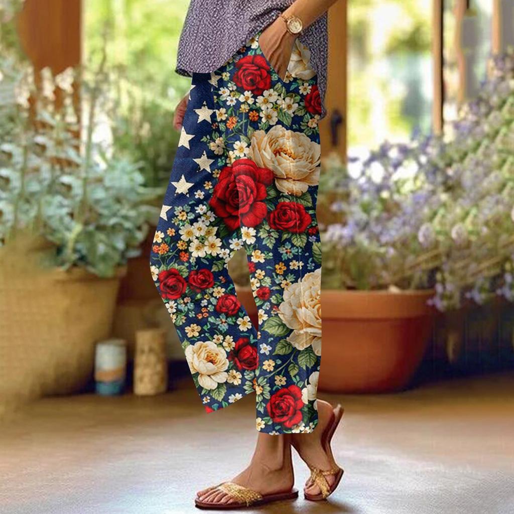 Dámské ležérní módní potištěné kalhoty s rovnými nohavicemi s kapsami