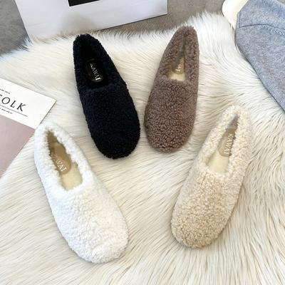 Lüks Lambwool Moccasins Femme Kış pamuklu ayakkabılar Kadın Sıcak Peluş Loafer'lar Rahat Kıvırcık Koyun Kürk Daireler Kadın Büyük Boy