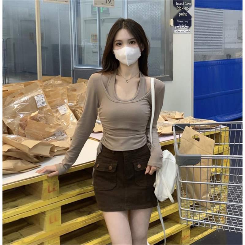 

Korean-Style Chic Halter Long Sleeve T-Shirt & Figure-Hugging Base Shirt Set for Women Minimum Order 500 Pieces кофейный/кремовый