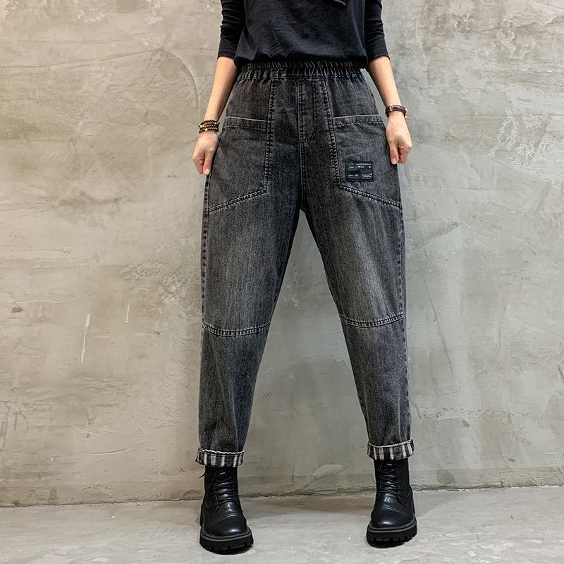 

2025 эластичные мешковатые джинсы-шаровары с высокой талией женские повседневные винтажные эластичные джинсовые брюки корейская мода уличная одежда большой размер новый 3XL чёрный