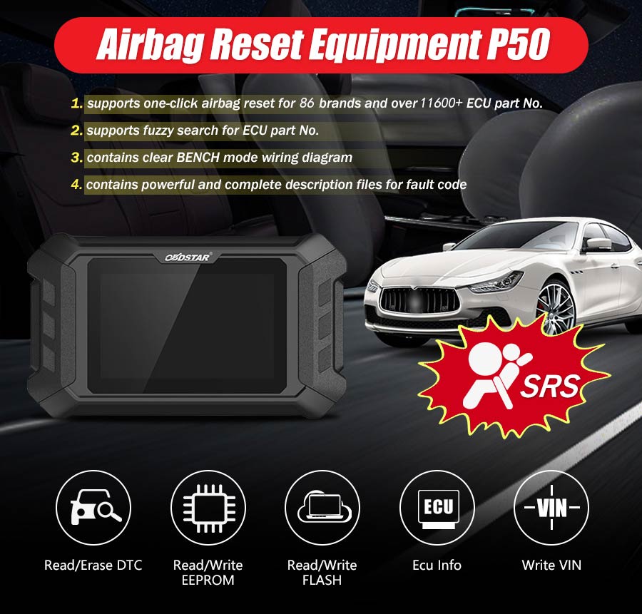 2025 OBDSTAR P50 Airbag-Reset-Tool deckt 86 Marken und 11600+ ECU-Teilenummer ab. durch OBD/Bench Support Batterie-Reset/ SAS-Reset