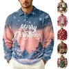 Men's Fall Casual Outdoor Pullover, Long Sleeve Collared Top with Pocket and Christmas Print