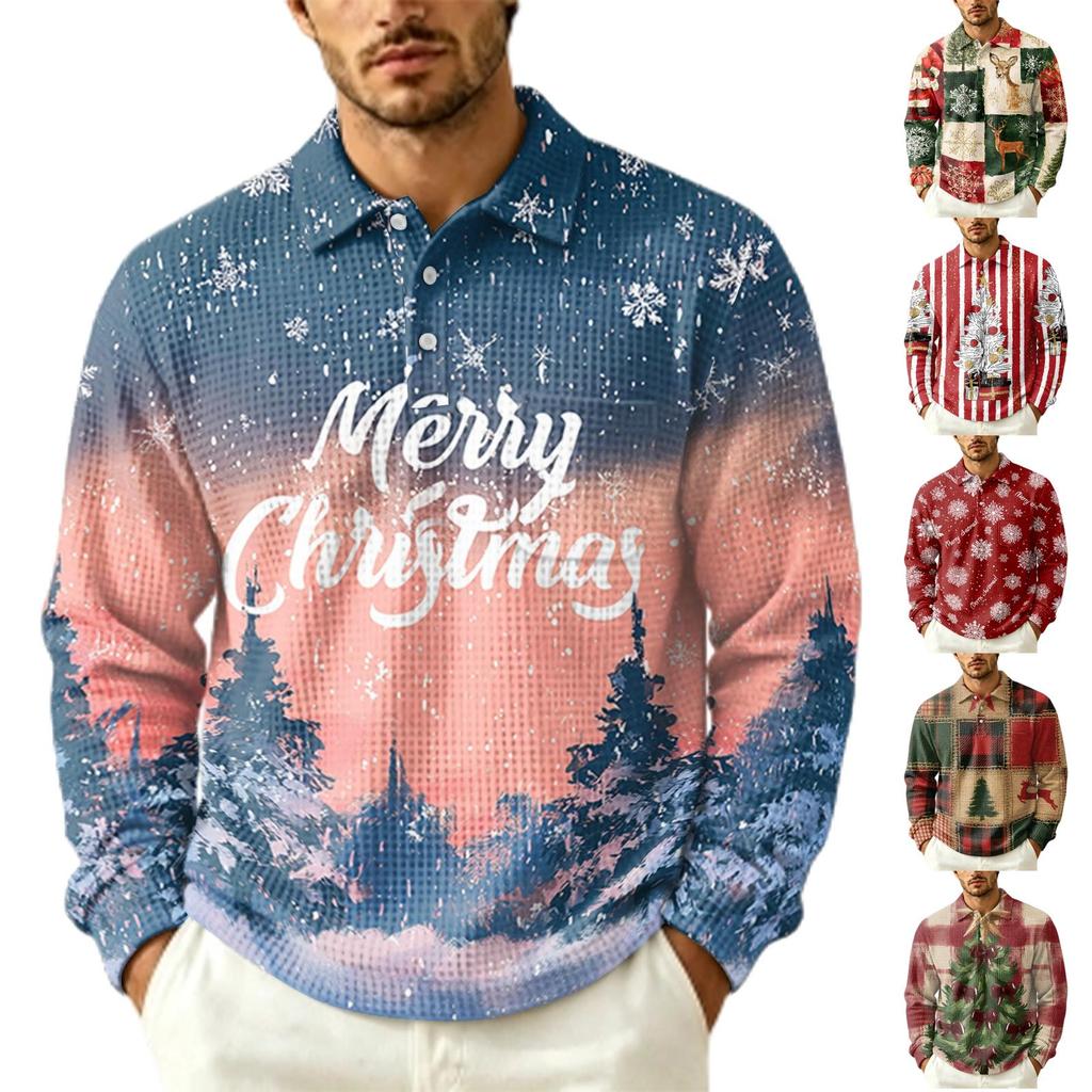 Men's Fall Casual Outdoor Pullover, Long Sleeve Collared Top with Pocket and Christmas Print
