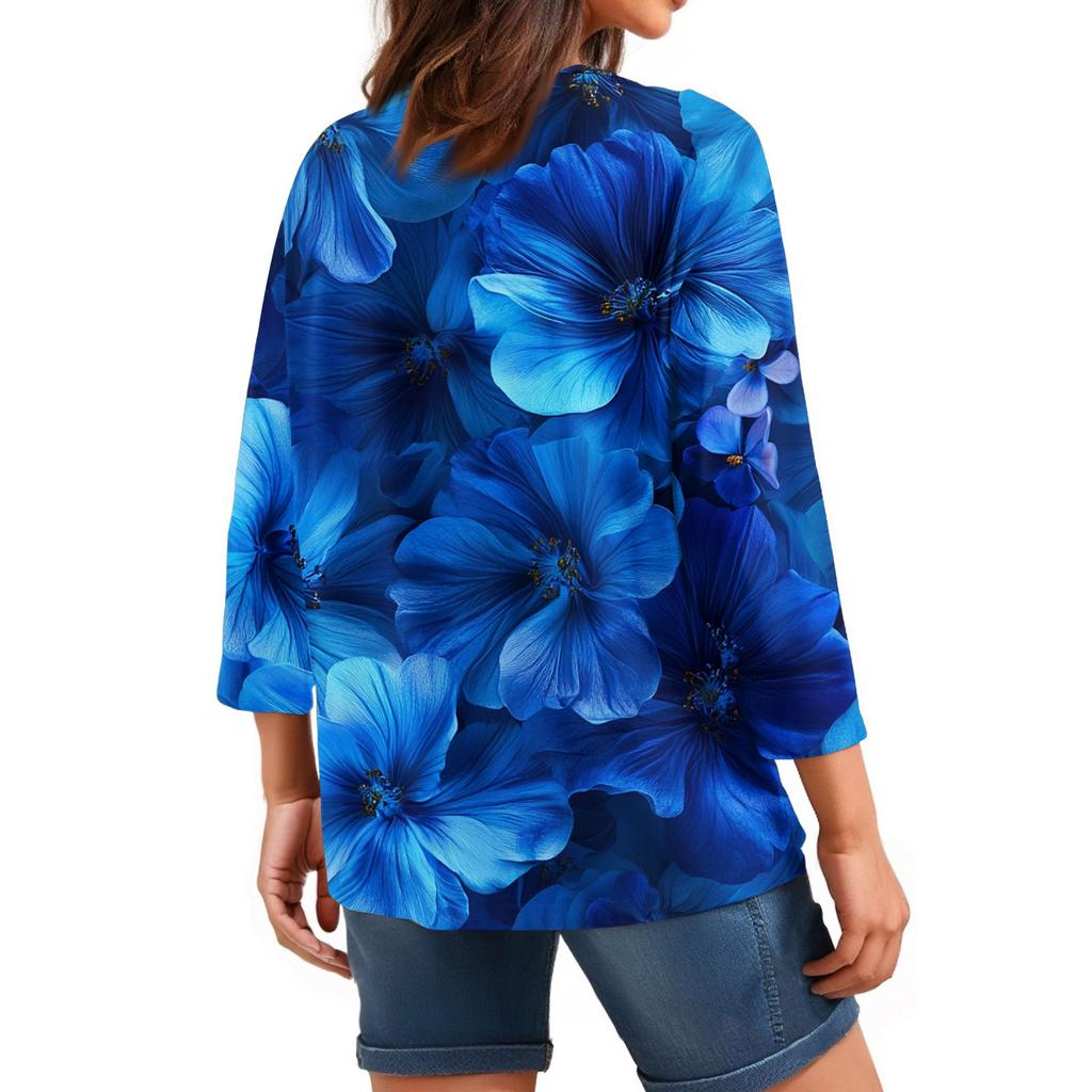 Damen Tops Dreiviertelärmel Shirt V-Ausschnitt Lockeres Freizeithemd Blumendruck T-Shirt