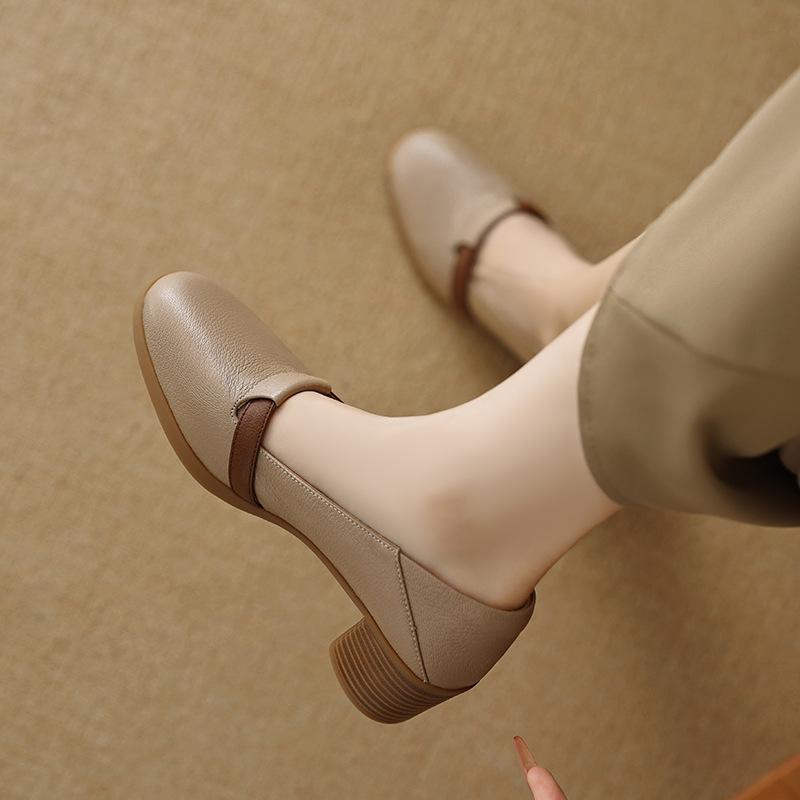 

5 см французский ретро толстый каблук легкий вырез одинарные туфли женские мягкая кожа мягкая подошва круглый носок высокий каблук лоферы маленькие кожаные туфли 40 40