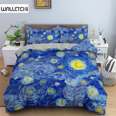 Juego de Ropa de Cama Artístico 3D King Estilo Monet Van Gogh Patrón de Pintura al Óleo Cielo Funda Nórdica Impresa Con Fundas de Almohada Venta Caliente 2/3 Piezas