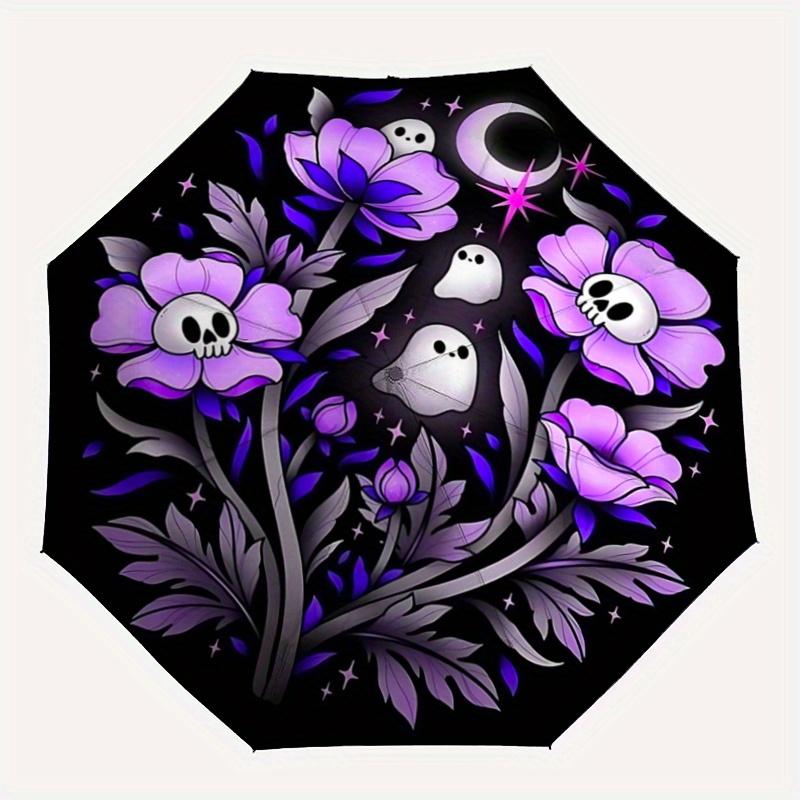 1pc Skeleton Ghost Flower Automatic Open/CloseUmbrella-CuteUmbrella with Cute Design, Portable 3-Fold Compact Umbrella for Men & Women, Vale