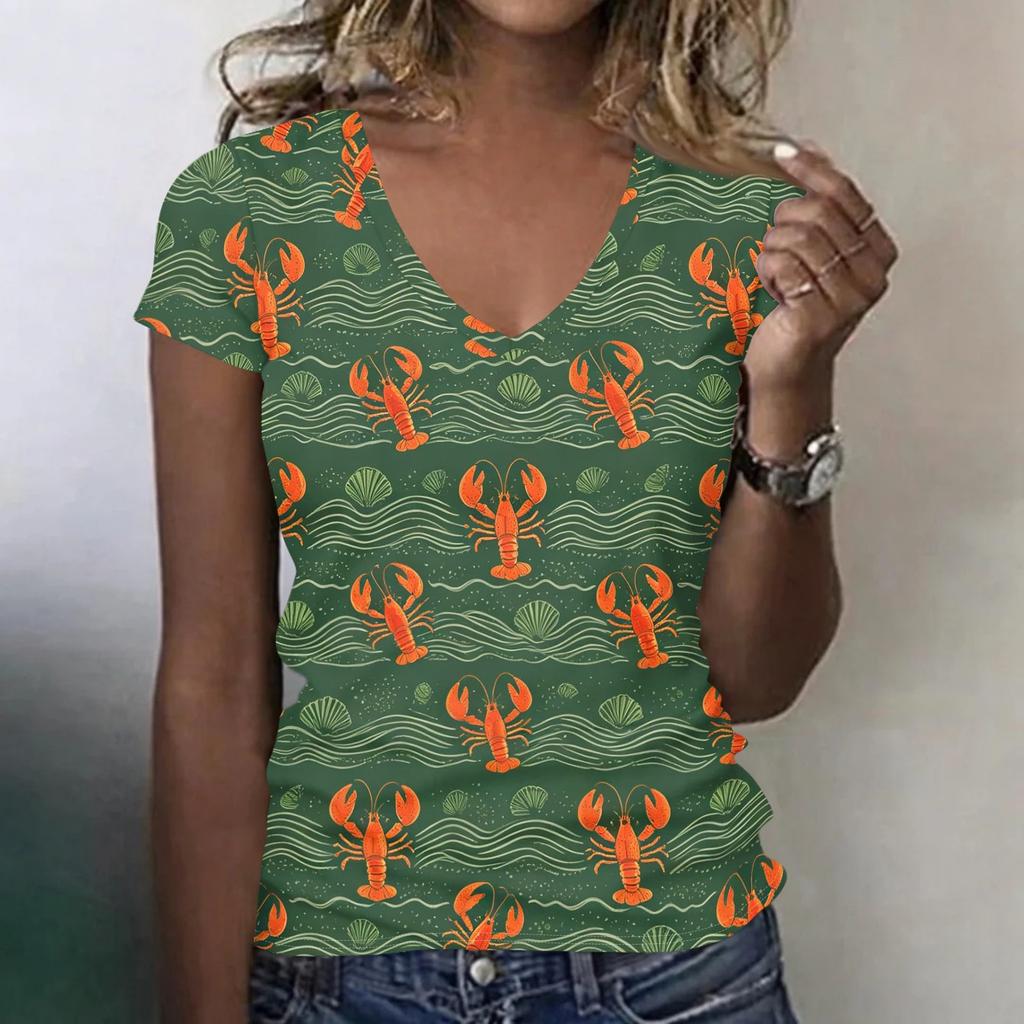 Women's Casual V Neck T Shirt Lobster and Beer Print Short Sleeve Lightweight Summer Top for Everyday Wear