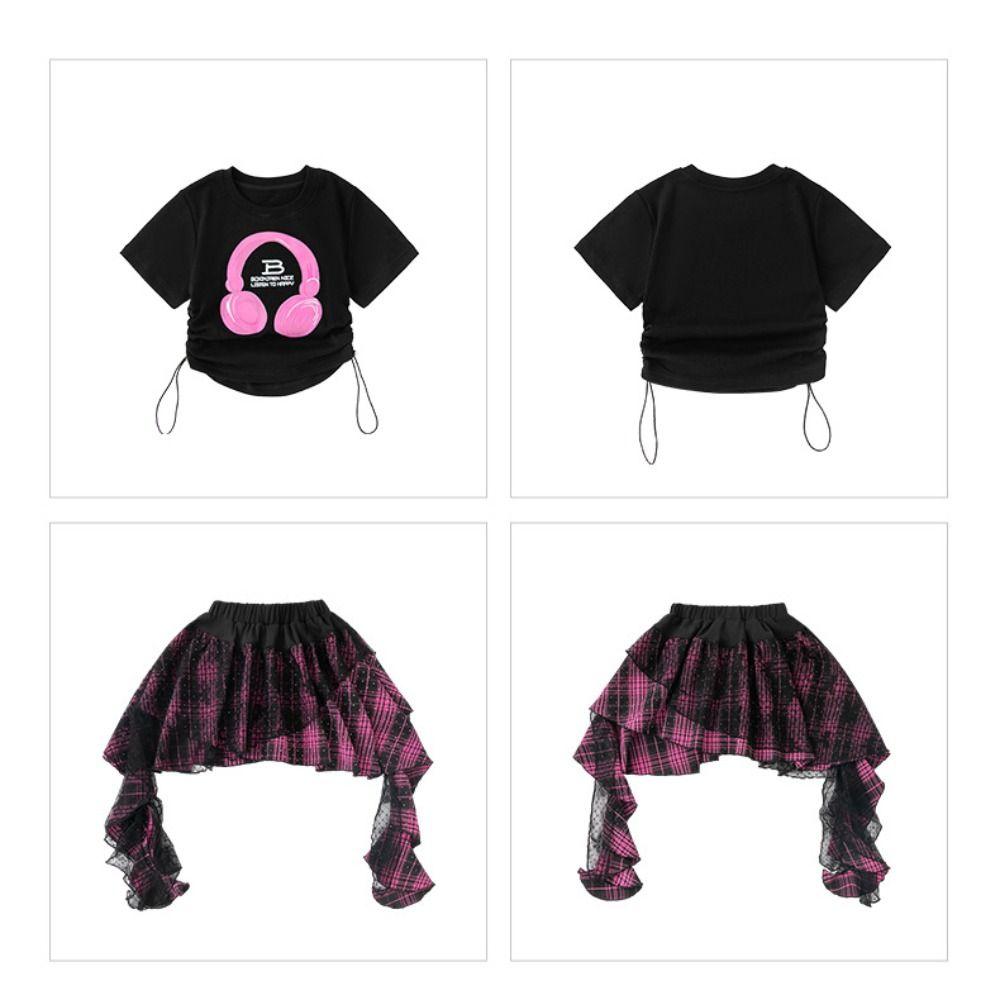 Jazz Children Dance Costume Streetwear T-shirt Plaid Skirt Set Fashion Y2k Outfits Suit  Stage