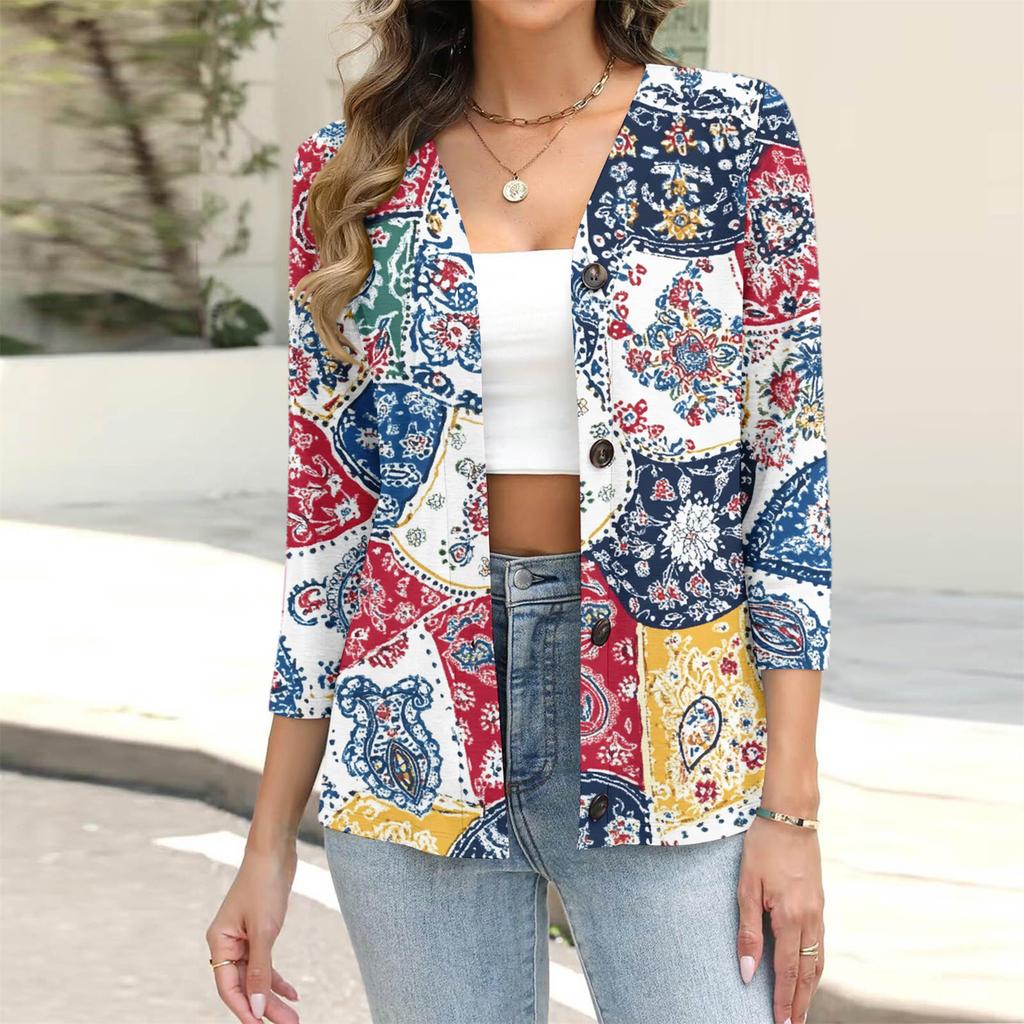 Women's Casual Fashion Floral Print Button 3/4 Sleeve Cardigan Top