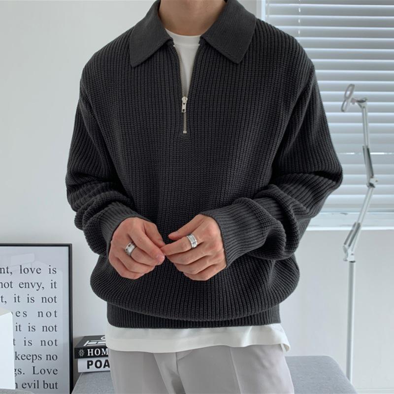 Men's Turn-Down Collar Knitted Sweater - Winter Loose Fit, Light Mature Style Polo Sweater