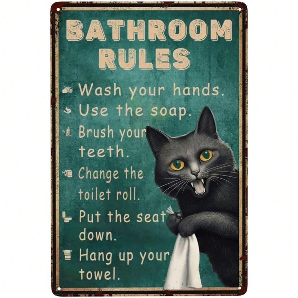 Metal Wall Poster Vintage Cat Toilet Rules Sign for Home Bar Decoration 8x12 Inch