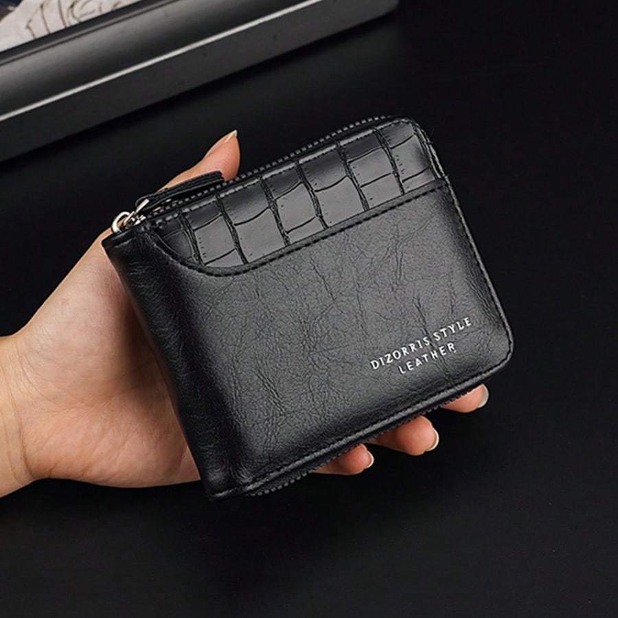 

Кожаный мужской кошелек Роскошный мужской кошелек Мужской кошелек на молнии Отделения для карт с карманом для монет Кошельки Подарки для мужчин Сумка для денег Мини-кошелек Мужской кошелек Кожа чёрный