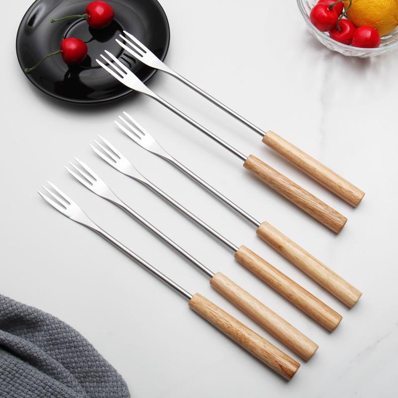 10Pcs Stainless Steel Reusable Fruit Fork Long Handle Forks Cake Snack Dessert Salad Flatware Fork Three-Tine Fork Set