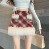 Christmas Outfit Fur Patchwork Red Plaid Woolen Skirt Women's Early Spring Petite High Waist Hip Short Skirt