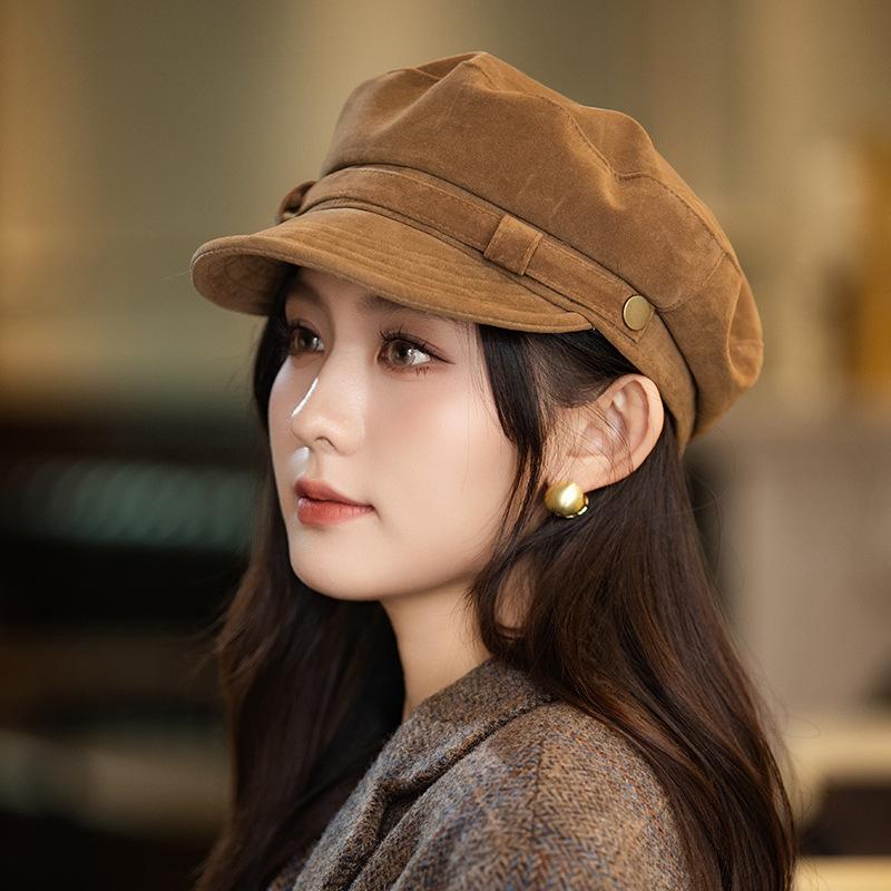 

Versatile Retro British Style Beret Autumn and Winter Leather Velvet Casual and Fashionable Navy Hat Outdoor Windproof Warm Newspaper Boy Hat average size