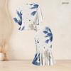 Women Plus Size Abstract Printed Round Neck Batwing Sleeve Ruffle Hem Top Fishtail Skirt Two Piece Set