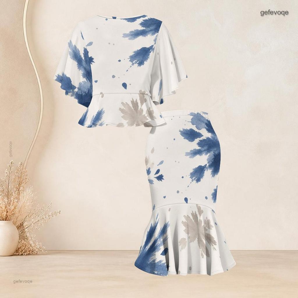 Women Plus Size Abstract Printed Round Neck Batwing Sleeve Ruffle Hem Top Fishtail Skirt Two Piece Set
