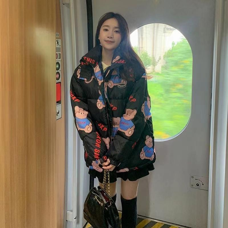 Vinterjacka dam dun bomull dam koreansk lös tjock huva parka
