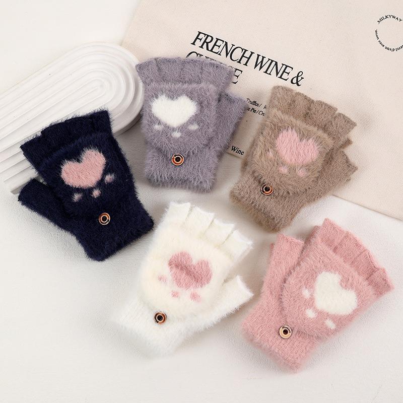 Winter Thicken Cat Paw Pattern Gloves for Women Girls Outdoor Warm Plush Mittens Fashion Solid Soft Plush Half Finger Gloves