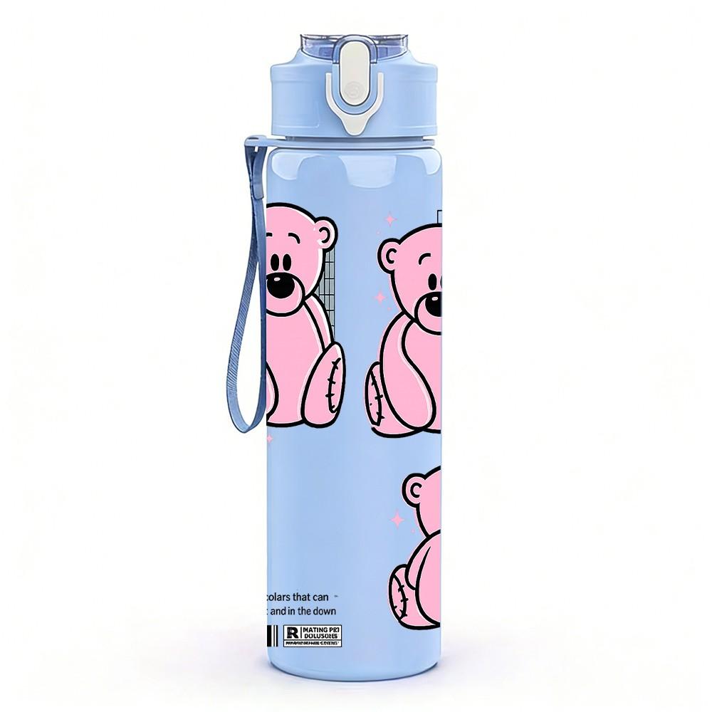 1PC Cute Pink Bear Couple Cartoon Art 750ml Color Plastic Sports Water Bottle Leakproof Flip Straw Lid Suitable for Sports Office Home Use