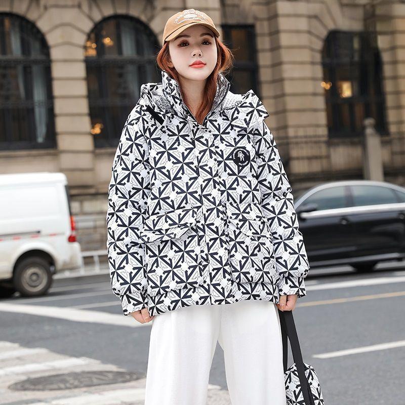 Palton scurt de iarnă la modă în stil coreean cu imprimeu și glugă pentru femei