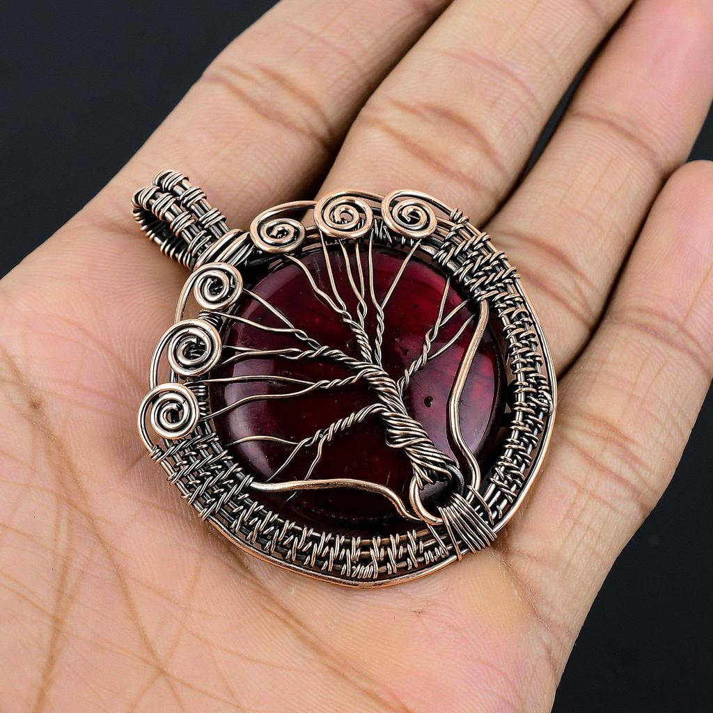 Wisiorek z labradorytu Drzewo Życia Czerwony Błysk, biżuteria z drutu miedzianego 999, wisiorek z kamieniem szlachetnym, ręcznie robiona biżuteria na prezent ślubny