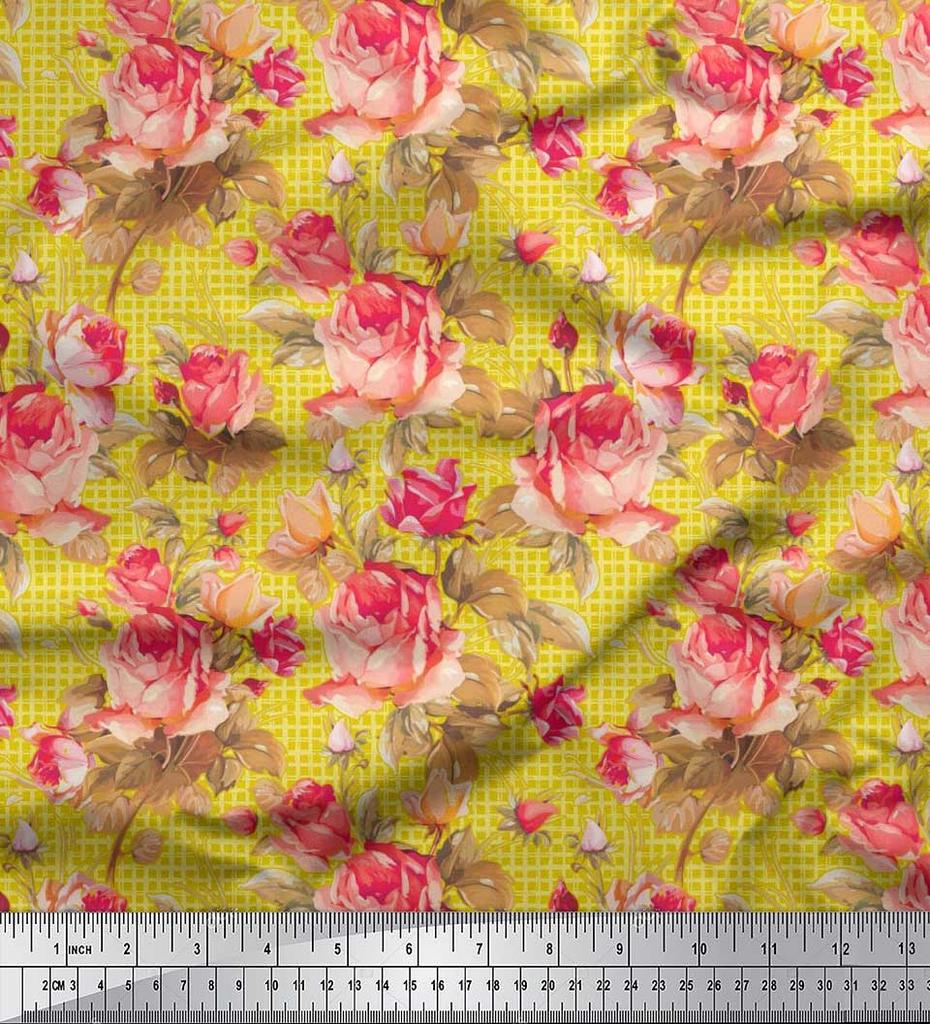 Soimoi Japan Crepe Satin Stoff Sjekk, Blader & Rose Blomstertrykk Sy Stoff meter 42 tommer