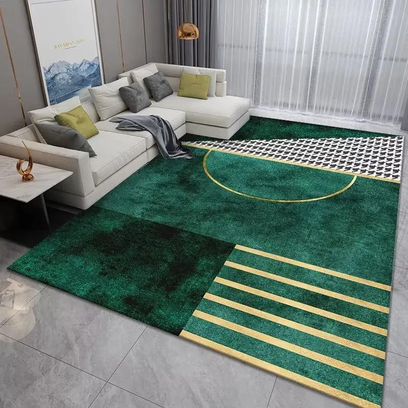 Luxury Geometric Area Rug – Washable Plush Gold & Green Living Room Carpet, Oversized Bedroom Bedside Mat