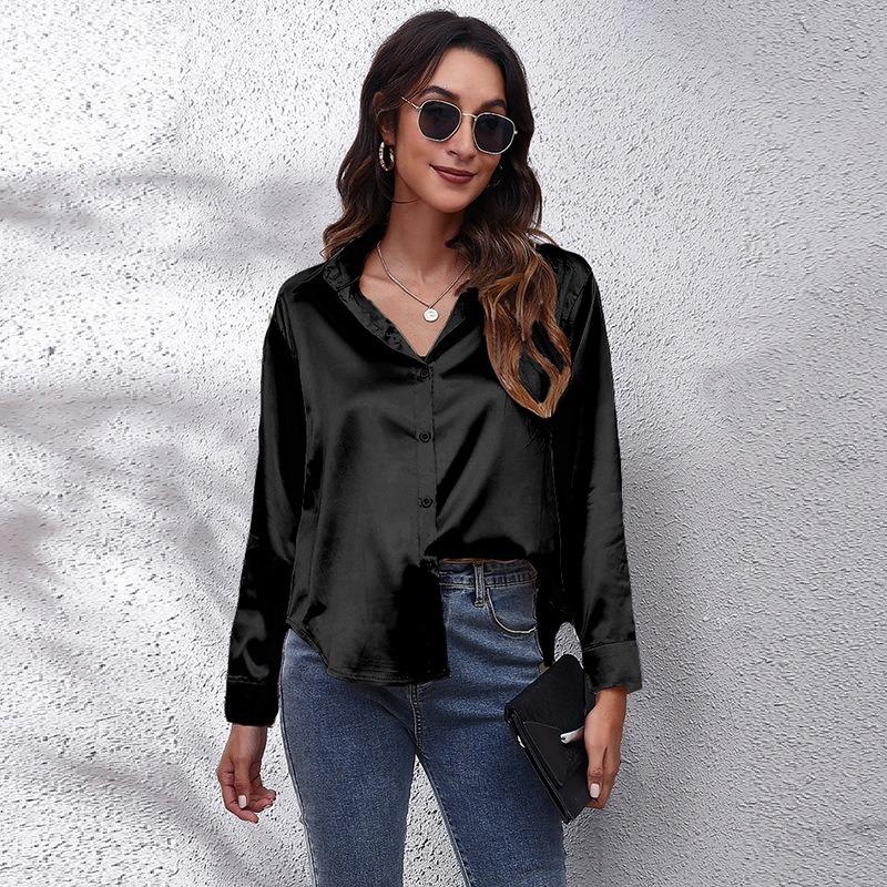 JPNTKY Women's Fashion Casual Solid Color Print POLO Neck Long Sleeve Blouses & Shirts